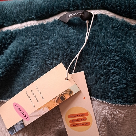 DOKOTOO dreamy plush colorblock hooded ZIP sweater jacket teal grey white M - Picture 7 of 8